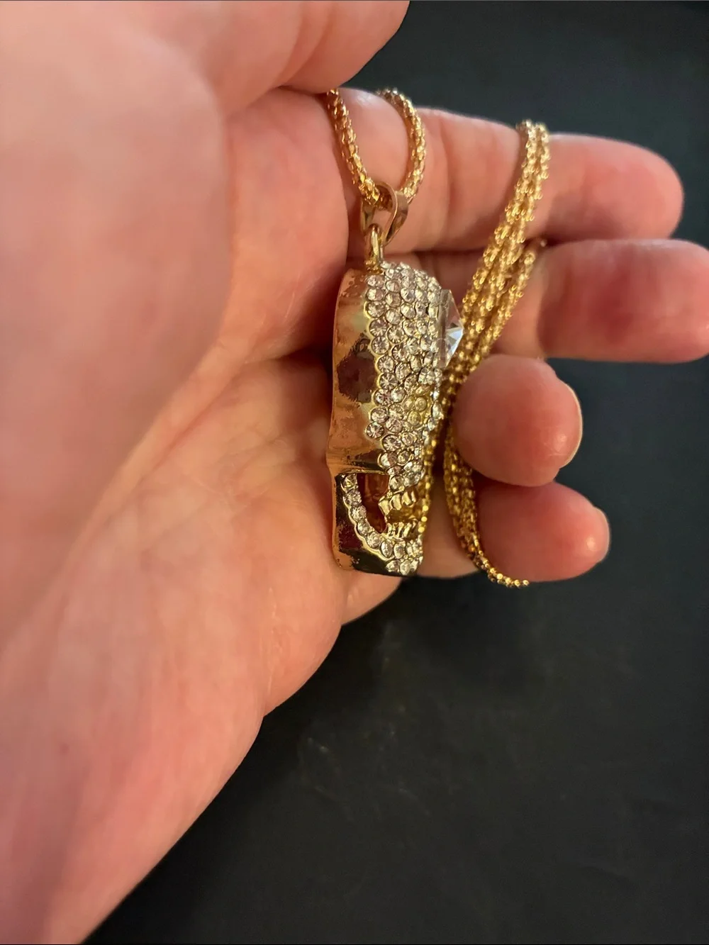 Crystal Gold Tone Skull Pendant Necklace